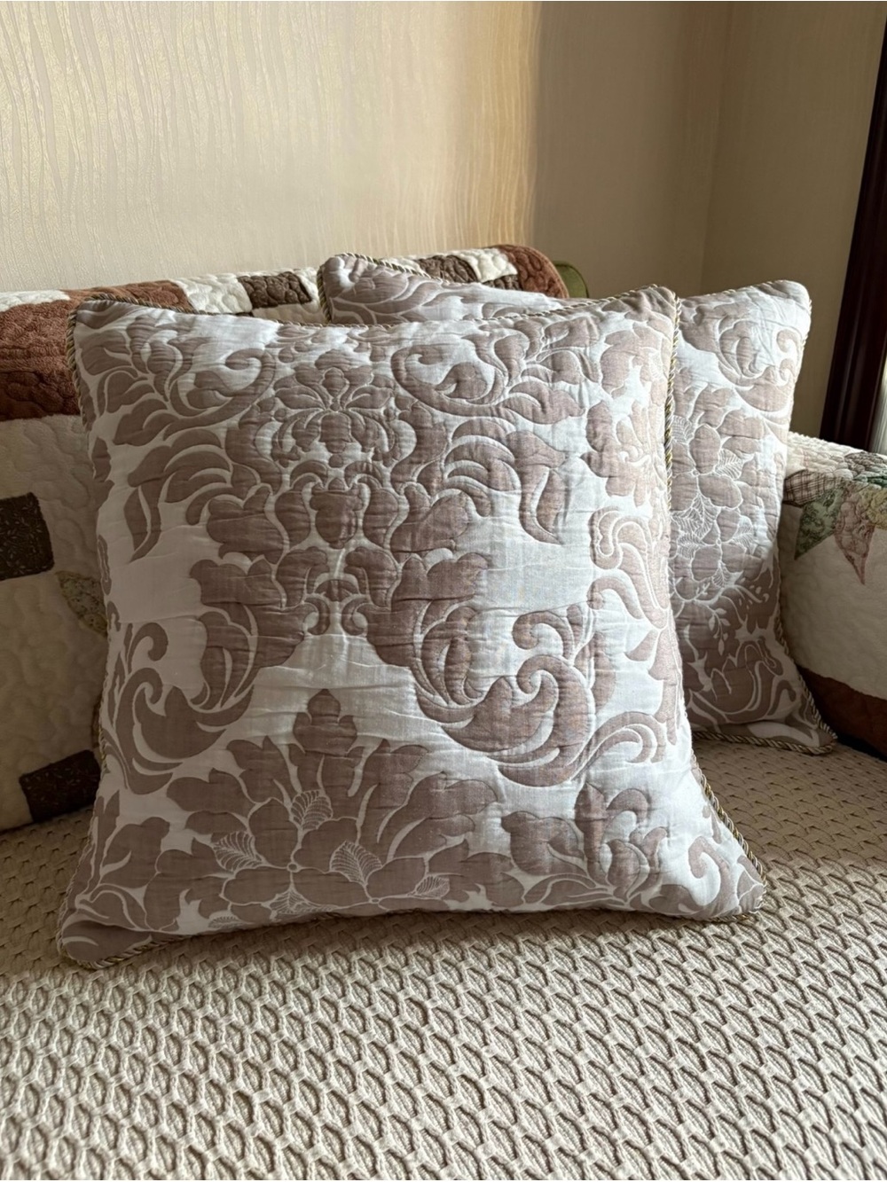 Decorative Damask Throw Pillow - Taupe and White